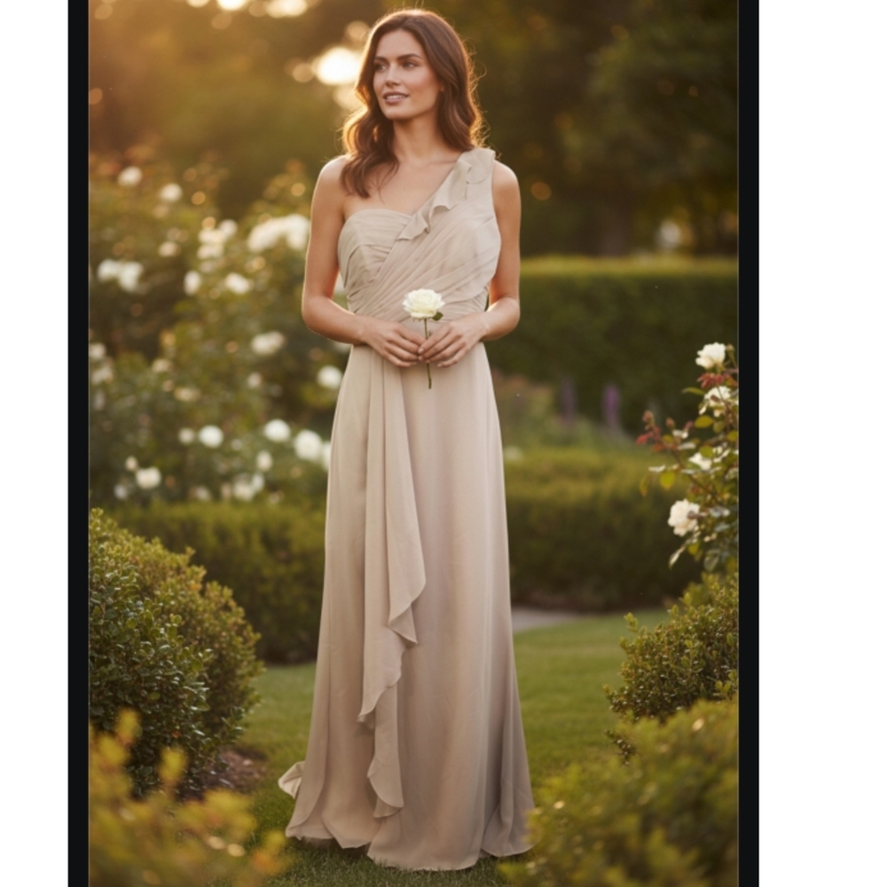 David's Bridal One-Shoulder Ruffle Chiffon Gown in Beige